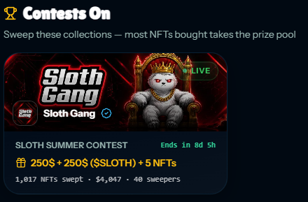 DarkMatEsports's tweet photo. Over 1,000 @SlothGangdme NFT's have been swept since the contest first began on @EbisusBay 

$4,000 USD in buys 💰

40 sweepers 🧹

Who will win? 8 days to decide 🦥🎮 https://t.co/QZPm1h2W81