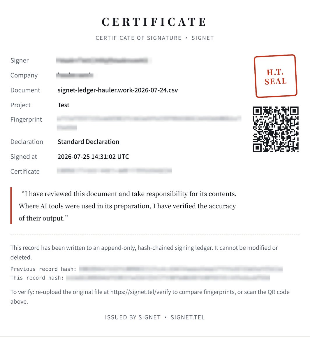 mysignet's tweet photo. Last week an employee told me: "the AI wrote it, not my responsibility."

That answer can't stand. AI can produce the work — it can't go to court, face a client, or take blame. Someone has to.

So I built Signet: a signing ledger for the AI era.

Before a document goes out, the person in charge signs it — 20 seconds. The record is permanent: who, when, which exact file, under which declaration. Hash-chained, append-only, publicly auditable. Nobody can edit it. Not even me.

Anyone who receives the document can verify it's untouched, byte for byte.

"The AI did it" stops being an escape. And the people who do stand behind their work finally get proof of it.

Free for companies → https://t.co/rnGuOLfeeT

Every important document deserves a name that stands behind it.