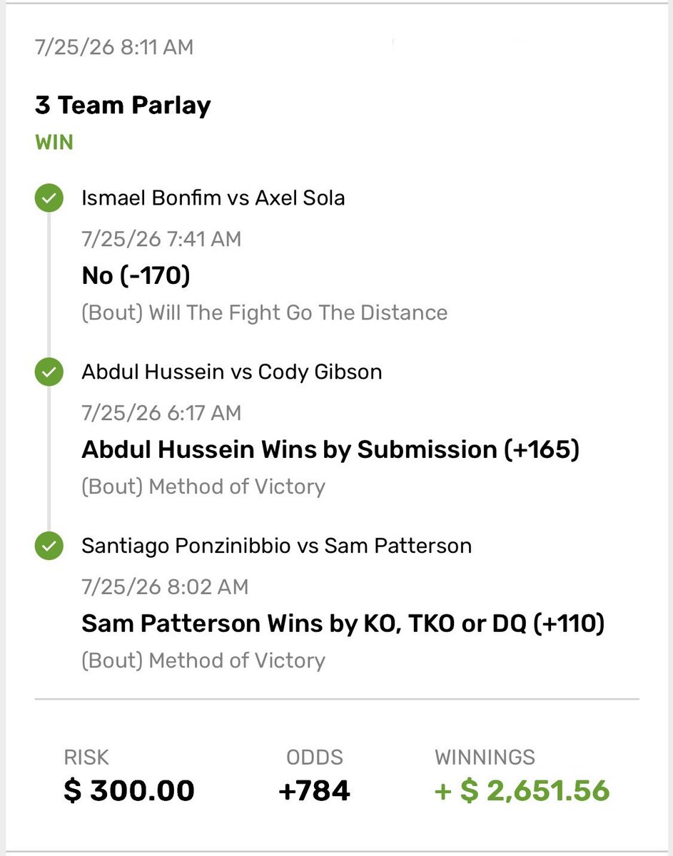 JBart_Vik's tweet photo. 3-leg UFC Parlay🎯
Ismael Bonfim vs Axel Sola 
Not to go the distance✅
Abdul Hussein to win by Submission✅
Sam Patterson to win by KO or TKO✅
#UFCAbuDhabi https://t.co/dQrC0Qm7Wv