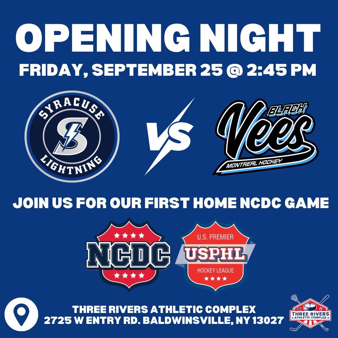 Syracusencdc's tweet photo. ⚠️ WEATHER ALERT ⚠️
A Lightning storm is expected to hit Baldwinsville on Friday, September 25.
Forecast:
🌩️ Heavy hits
⚡ Fast hockey
🥅 Big saves
Prepare accordingly. Opening Night is just two months away!
#SyracuseLightning #NCDC #USPHL #OpeningNight https://t.co/hnXSaYQpeU