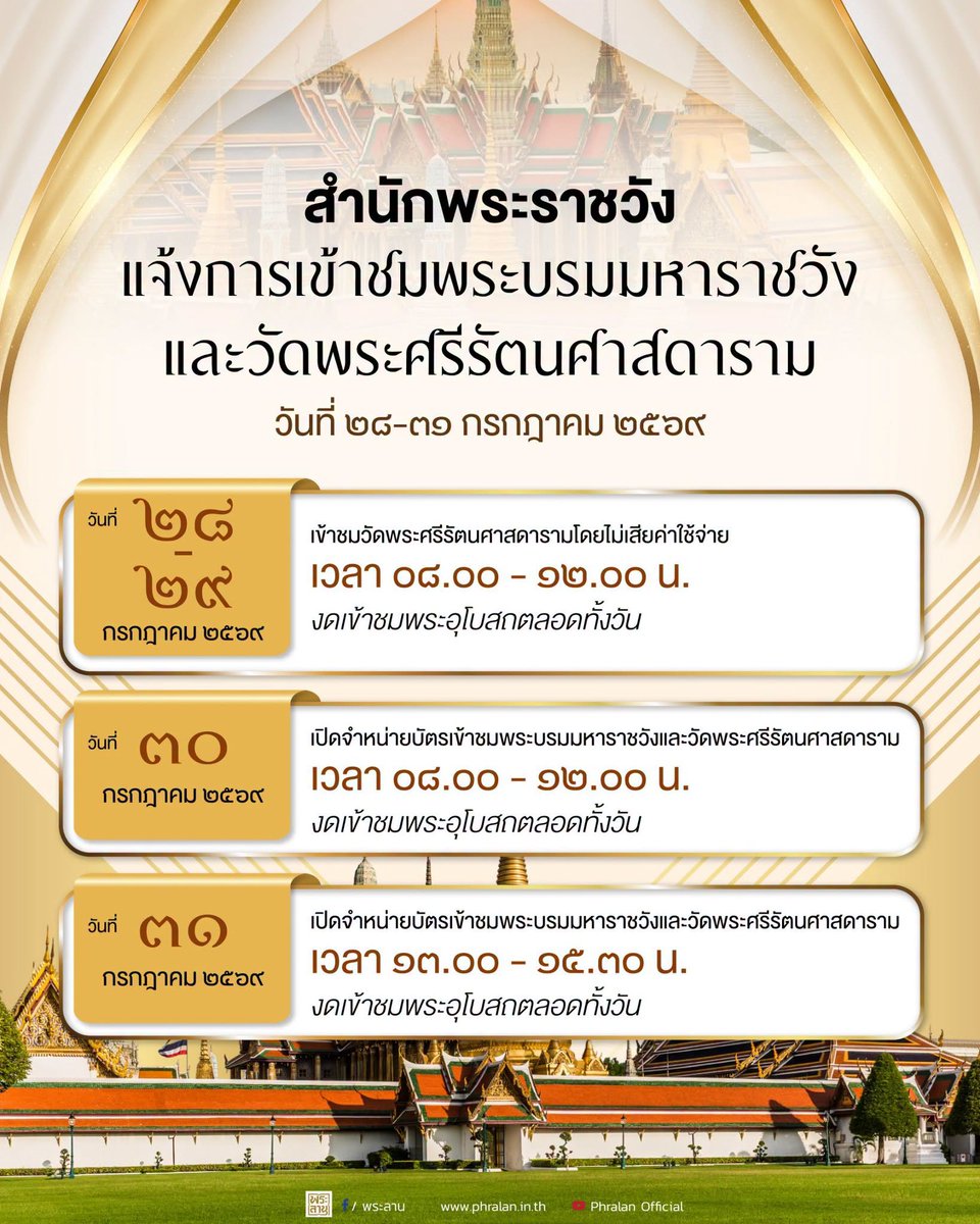 js100radio's tweet photo. สำนักพระราชวัง ขอแจ้งการเข้าชมพระบรมมหาราชวังและวัดพระศรีรัตนศาสดาราม ระหว่างวันที่ ๒๘-๓๑ กรกฎาคม ๒๕๖๙

เนื่องในโอกาสวันเฉลิมพระชนมพรรษา พระบาทสมเด็จพระเจ้าอยู่หัว ๒๘ กรกฎาคม ๒๕๖๙ และพระราชพิธีทรงบำเพ็ญพระราชกุศลปัญญาสมวาร (๕๐ วัน) ถวายพระศพสมเด็จพระเจ้าลูกเธอ เจ้าฟ้าพัชรกิติยาภา นเรนทิราเทพยวดี กรมหลวงราชสาริณีสิริพัชร มหาวัชรราชธิดา ณ พระบรมมหาราชวัง

วันที่ ๒๘-๒๙ กรกฎาคม ๒๕๖๙
เข้าชมวันพระศรีรัตนศาสดารามโดยไม่เสียค่าใช้จ่าย
ตั้งแต่เวลา ๐๘.๐๐ - ๑๒.๐๐ น.
งดเข้าชมพระอุโบสถตลอดทั้งวัน

วันที่ ๓๐ กรกฎาคม ๒๕๖๙
เปิดจำหน่ายบัตรเข้าชมพระบรมมหาราชวังและวัดพระศรีรัตนศาสดาราม
ตั้งแต่เวลา ๐๘.๐๐ - ๑๒.๐๐ น.
งดเข้าชมพระอุโบสถตลอดทั้งวัน

วันที่ ๓๑ กรกฎาคม ๒๕๖๙
เปิดจำหน่ายบัตรเข้าชมพระบรมมหาราชวังและวัดพระศรีรัตนศาสดาราม
ตั้งแต่เวลา ๑๓.๐๐ - ๑๕.๓๐ น.
งดเข้าชมพระอุโบสถตลอดทั้งวัน

(Cr.พระลาน)
