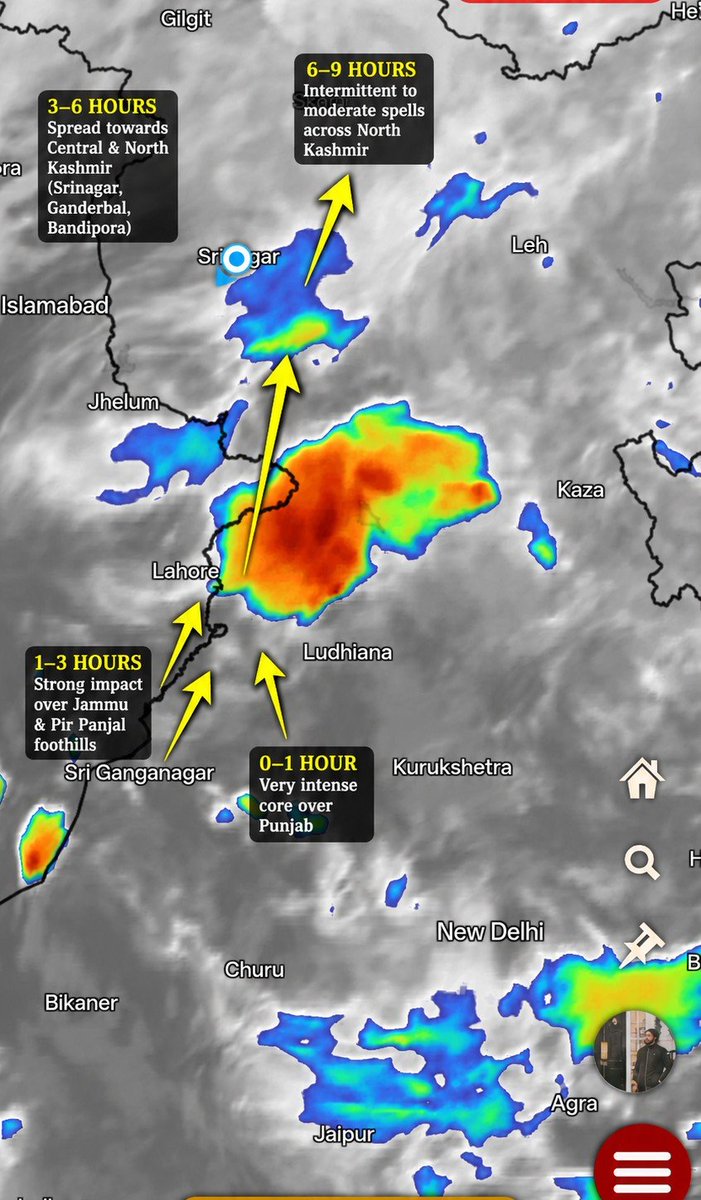Immybhat1's tweet photo. Intense #Punjab cloud mass moving north 🔺

#Jammu to take first strong hit, system weakening across Pir Panjal → #Kashmir to see intermittent but locally heavy bursts in next 3–9 hrs.

 Stay alert, no panic. 🌧️⚠️

#weatherbyumar #monsoon https://t.co/sE006STn8u