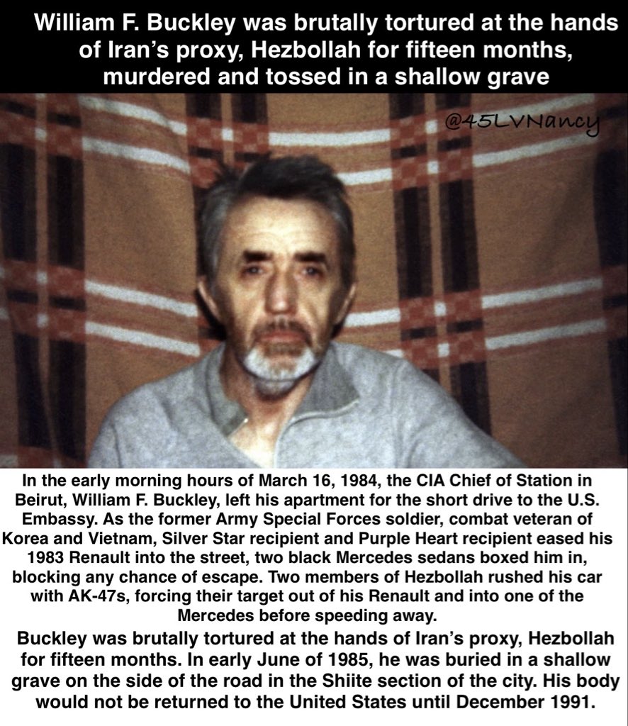 45LVNancy's tweet photo. This is William Buckley, an American military officer. 

He was Skinned alive on camera by the Iranians after being tortured for 15 months by Iran’s proxy, Hezbollah.

Trump didn’t start this war. 

He is the only president man enough to end it. https://t.co/CSanHxzCdw