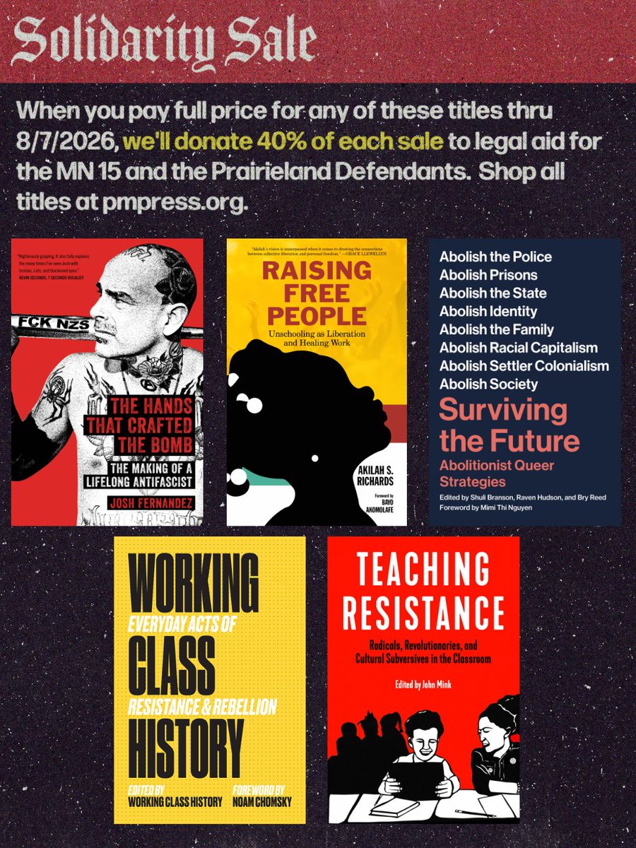 PMPressOrg's tweet photo. Support the Prairieland Defendants and the MN 15! When you pay full price for select titles thru 8/7/26, we’ll donate 40% of each sale to legal aid for the defendants. Let’s show up for them. Shop all titles at https://t.co/emZttzVc8w or see the link in our bio. https://t.co/x3iLaluQep