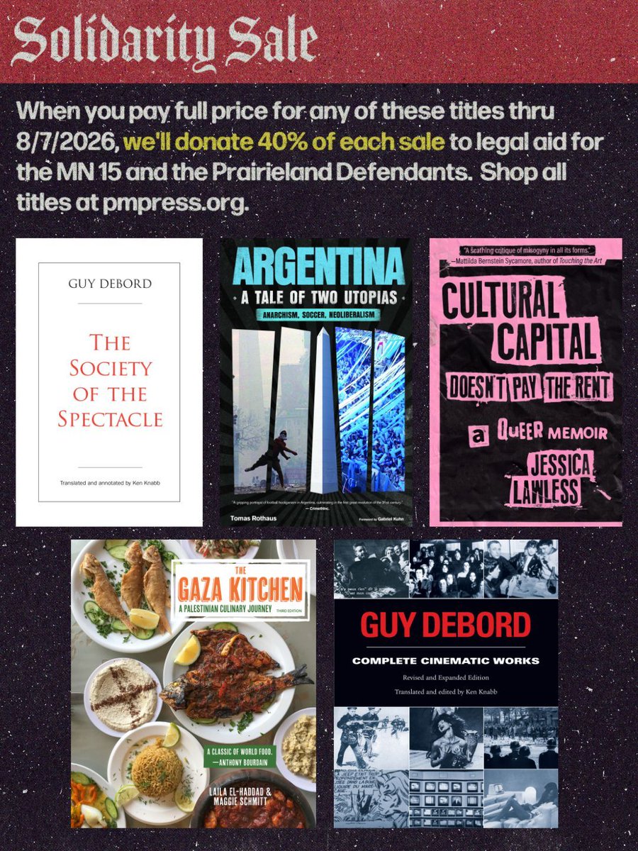 PMPressOrg's tweet photo. Support the Prairieland Defendants and the MN 15! When you pay full price for select titles thru 8/7/26, we’ll donate 40% of each sale to legal aid for the defendants. Let’s show up for them. Shop all titles at https://t.co/emZttzVc8w or see the link in our bio. https://t.co/x3iLaluQep