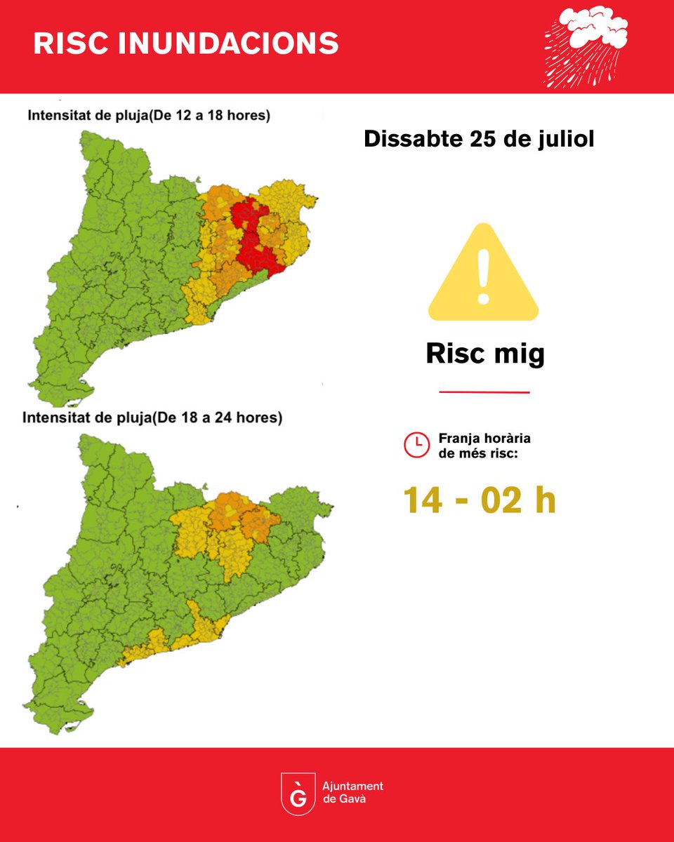 AjuntamentGava's tweet photo. 🌧️ ALERTA #INUNCAT 
⚠️ Per la previsió de pluges intenses, activem el #DUPROCIM.

🟨 Ds 25/07 | De 14 a 02 h: risc mig

🟧 Dg 26/07 | De 02 a 08 h: risc alt

🙏 Extremeu la precaució, no travesseu rieres ni zones inundables i seguiu els canals oficials.

#Gavà #INUNCAT #DUPROCIM https://t.co/ozILht5eZ6