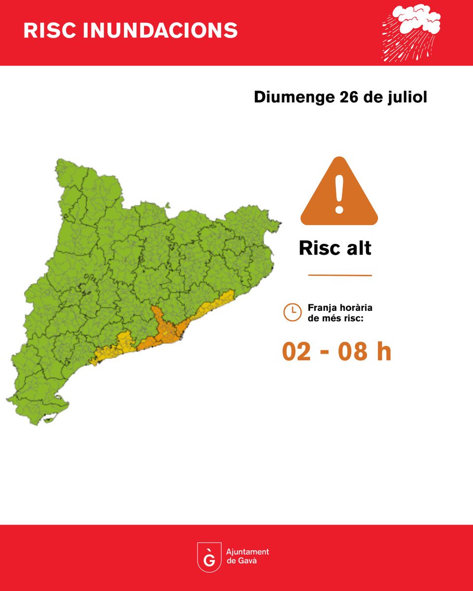 AjuntamentGava's tweet photo. 🌧️ ALERTA #INUNCAT 
⚠️ Per la previsió de pluges intenses, activem el #DUPROCIM.

🟨 Ds 25/07 | De 14 a 02 h: risc mig

🟧 Dg 26/07 | De 02 a 08 h: risc alt

🙏 Extremeu la precaució, no travesseu rieres ni zones inundables i seguiu els canals oficials.

#Gavà #INUNCAT #DUPROCIM https://t.co/ozILht5eZ6