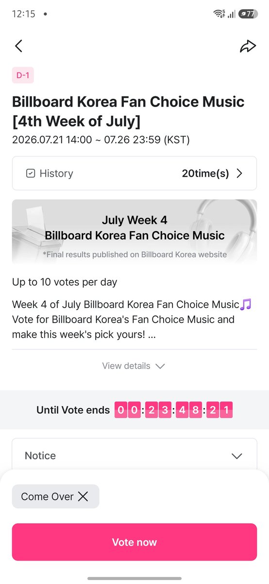 ShearerS22's tweet photo. @vidaechwita Genteee nn esqueçam de votar no come over do BTS!!!!! Vai ate hoje (25/07) até as 23:59!! eles estão concorrendo la no app mnet, vou deixar o link abaixo. https://t.co/qpsGyUzMPm