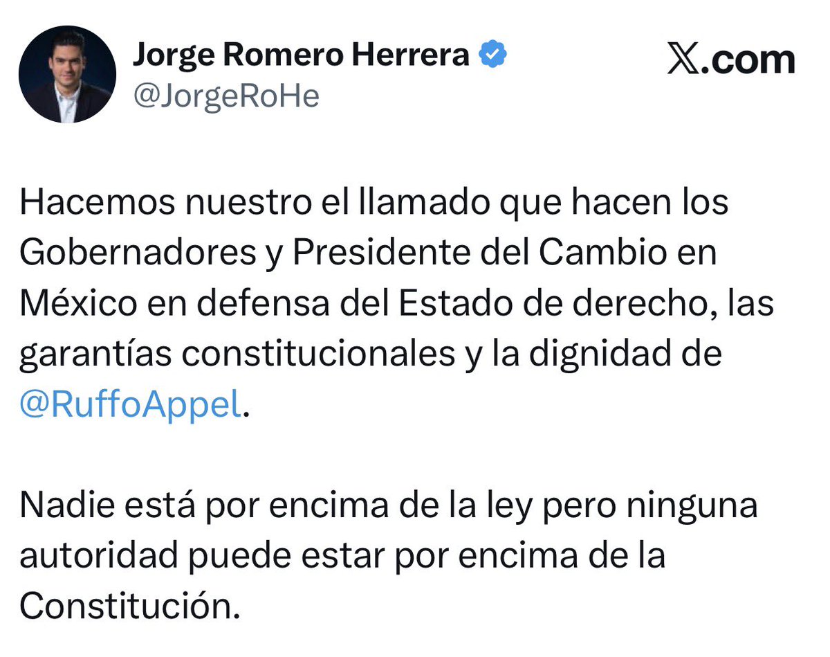 azucenau's tweet photo. 🔵Gobernadores y dirigentes de oposición respaldaron públicamente a Ernesto Ruffo Appel tras su detención y difundieron un pronunciamiento en el que llaman a defender el Estado de derecho, las garantías constitucionales y el debido proceso.

En el documento, sostienen que “nadie está por encima de la ley, pero ninguna autoridad puede estar por encima de la Constitución”, y advierten que cualquier investigación debe desarrollarse con apego a la legalidad, la presunción de inocencia y sin presiones políticas o mediáticas.