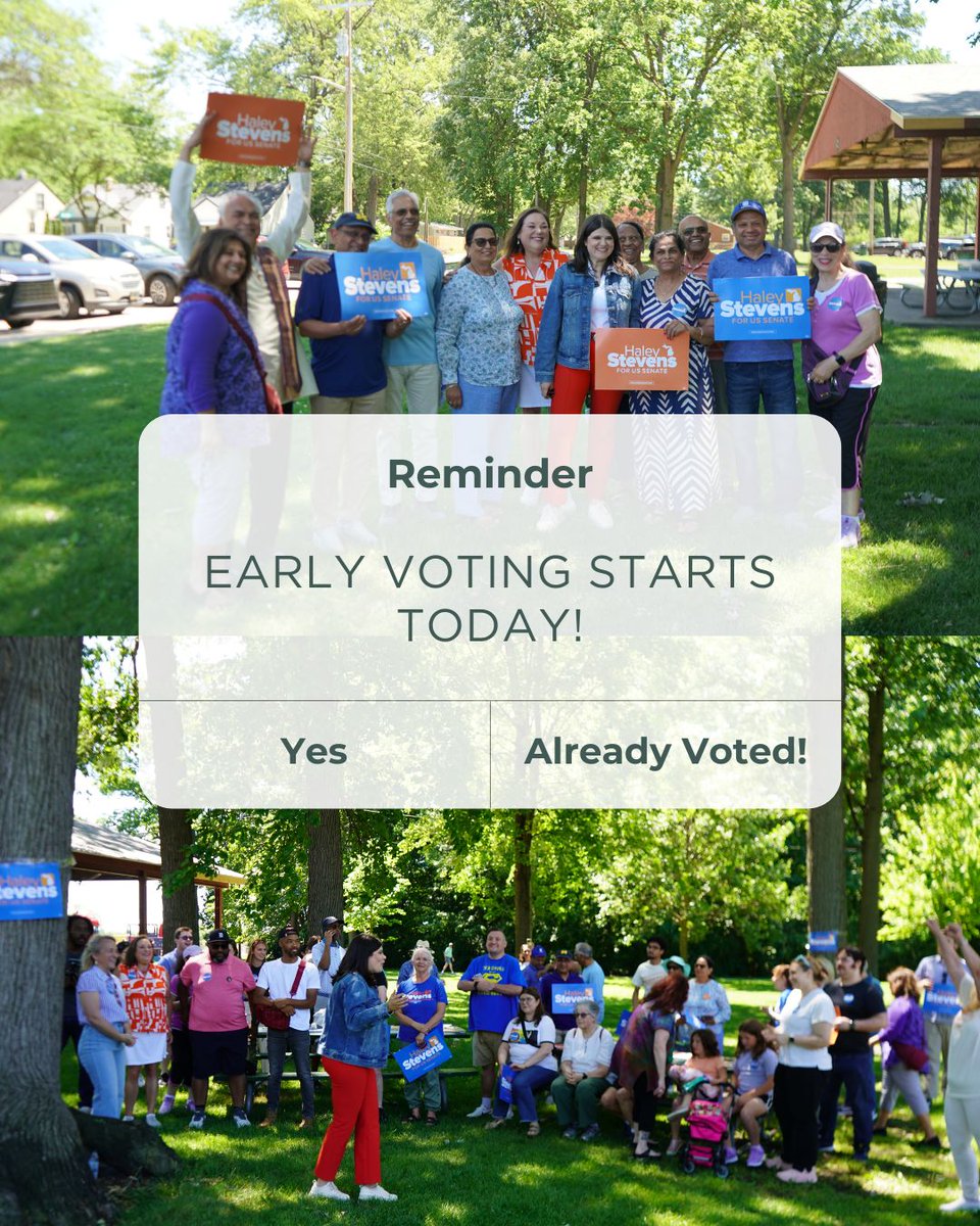 HaleyforMI's tweet photo. Reminder: Early voting starts today! Find your early vote location at https://t.co/EVYEt13Pfh https://t.co/fRWnMj3ZZ0