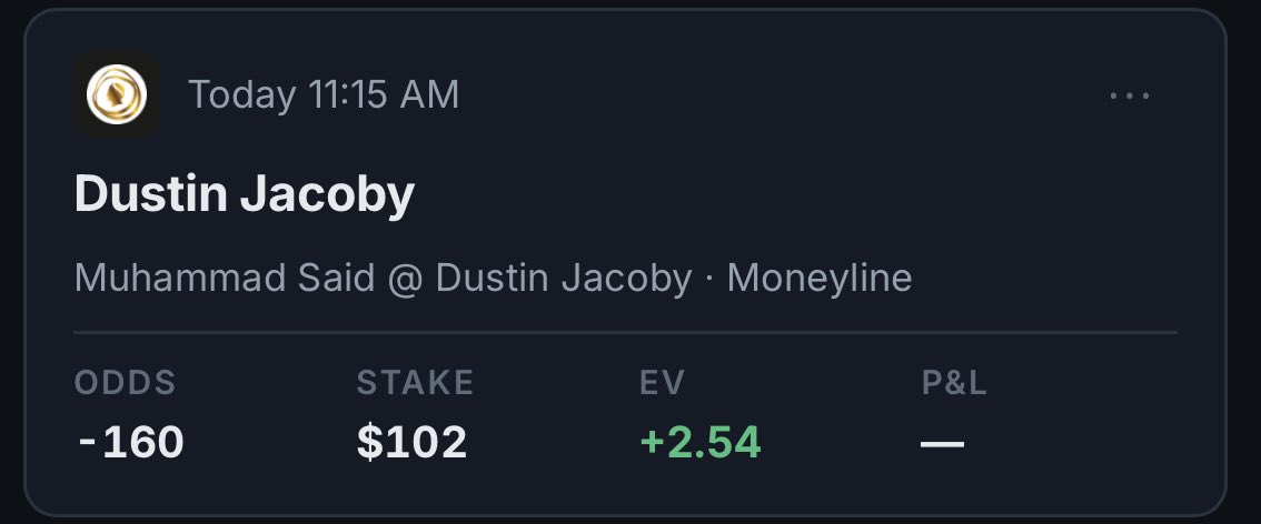AdamSharpLine's tweet photo. UFC Abu Dhabi Play #4 🥊🤼

Dustin Jacoby ML (+2.54%)+EV

Dustin Jacoby will put heavy hands on Muhammad Said and give him a warm welcome to the UFC. 

Closing Line Value Tracker: (-160) ➡️ (-205)

This one’s going to be fun. 👊🏻 https://t.co/abUTkLHUL7