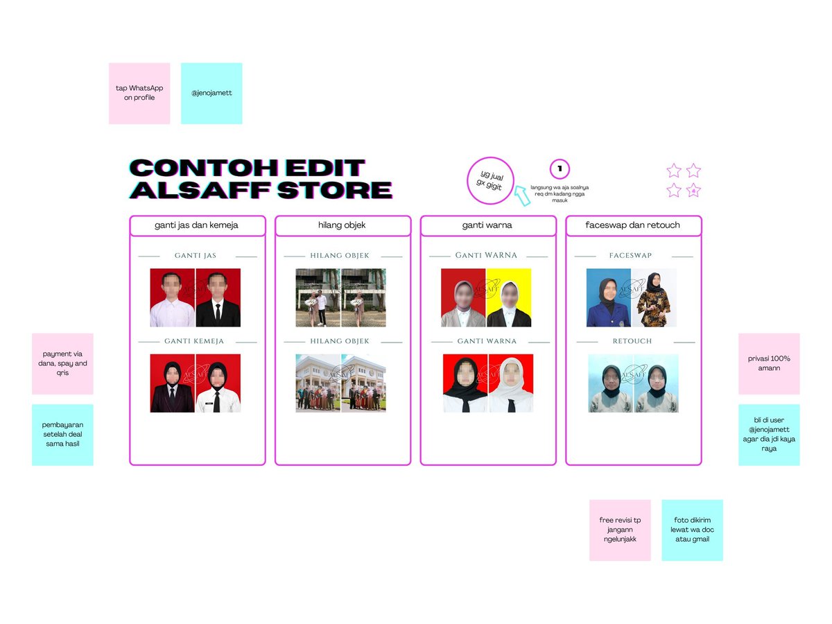 slhoes's tweet photo. halooo, @jenojamett open jasa edit foto ganti jas, kemeja, nambah dasi, logo, dll. ngilangin logo, nametag dll
edit ganti background murce, fast prosess. edit ganti warna baju, kerudung, celana. edit ngehilangin orang atau nambahin orang
cek contoh dan testi di pinned 
#bealanja https://t.co/QFSGhMUAxc