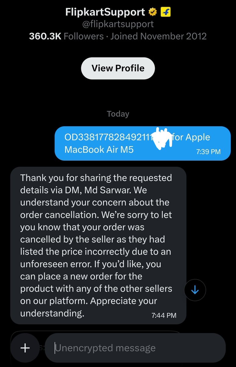 imdsarwar's tweet photo. @flipkartsupport @Flipkart This explanation is unacceptable. If the price was incorrect, why was my order confirmed, payment collected, and the product shipped? Cancelling an order after shipment due to a "pricing error" is unfair. Please honor the original order. #Flipkart #CustomerRights https://t.co/06xtIphegz