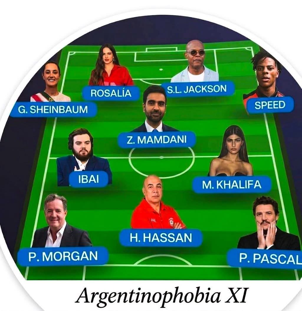 ARG_soccernews's tweet photo. 🇦🇷📺 Argentine TV show Todo Noticias has made an Argentinaphobia XI with high profile people or celebrities with disrespect for Argentina🏆🚷⚠️🤡

Which of the following person do you Hate/Dislike most as  🇦🇷 fan? 🤮

Can you suggest an 🇦🇷 hater goalkeeper for this team? 🤔 https://t.co/QTt4PJwRO2