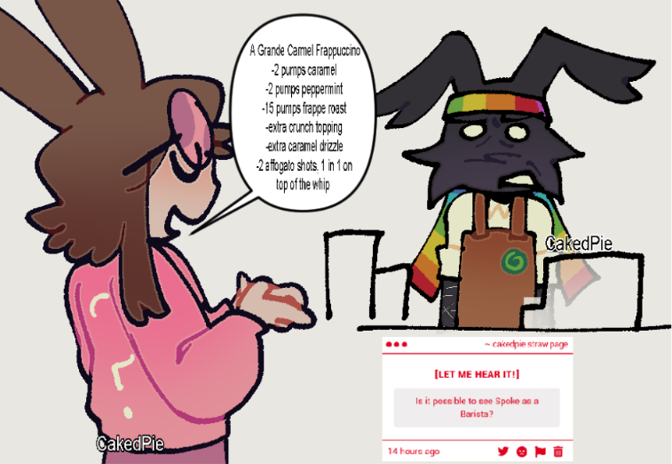 CakedPie's tweet photo. "Is it possible to see Spoke as a Barista?"
he hates his job
-> https://t.co/lV2wu15Y6D
#voidjumpduo https://t.co/SHm6k9ScVv