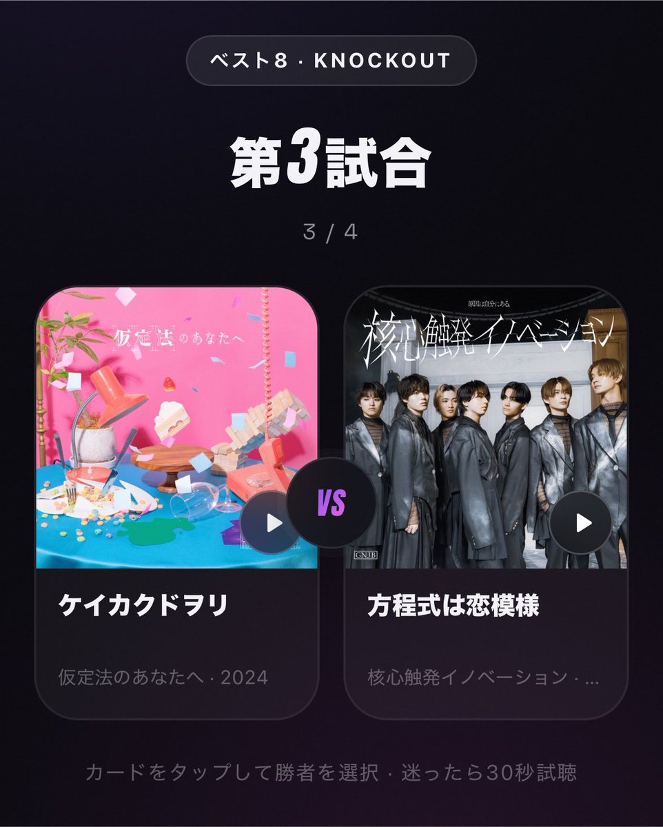 MyHinanbasho's tweet photo. げんじぶMUSIC CUP、ベスト8からあまりにも卑怯な対戦で半泣きになりながら決勝まで進みました
なんなら終盤は迷ったら雅哉ちゃんが曲の主役かどうかだけで決めてた
ケイカクドヲリ絡むとどうしても死闘になっちゃう https://t.co/8Hir8jnQp4