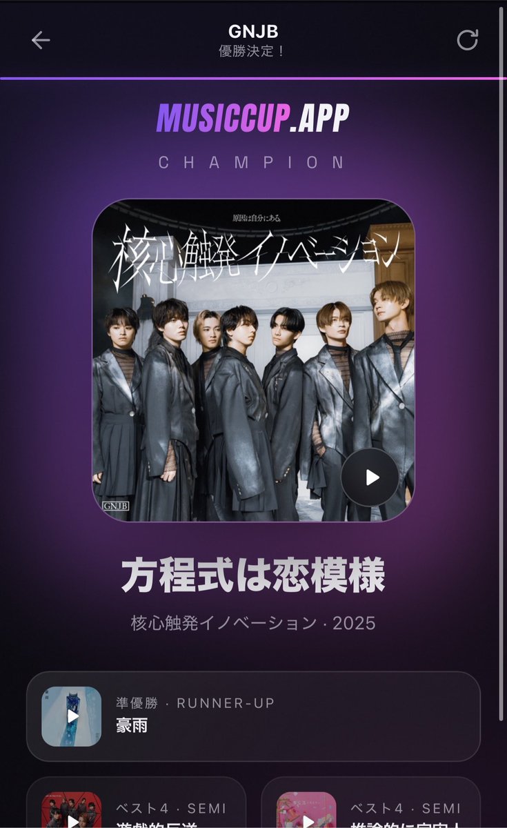 MyHinanbasho's tweet photo. げんじぶMUSIC CUP、ベスト8からあまりにも卑怯な対戦で半泣きになりながら決勝まで進みました
なんなら終盤は迷ったら雅哉ちゃんが曲の主役かどうかだけで決めてた
ケイカクドヲリ絡むとどうしても死闘になっちゃう https://t.co/8Hir8jnQp4