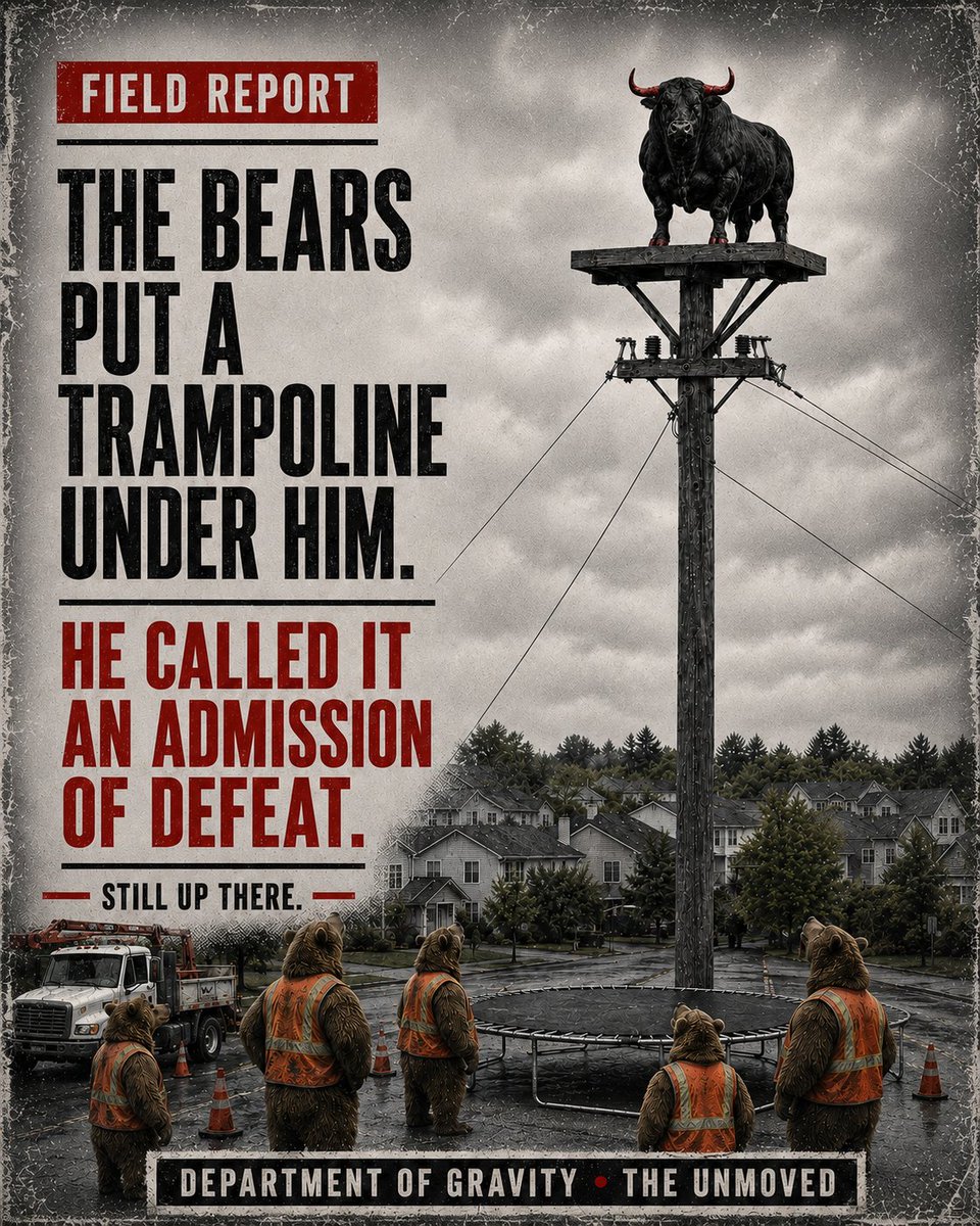 Bullwcd's tweet photo. The bears called it a safety measure.

The bull called it an admission of defeat.

The trampoline remains optimistic.

Still up there. https://t.co/ofcV79AKSA