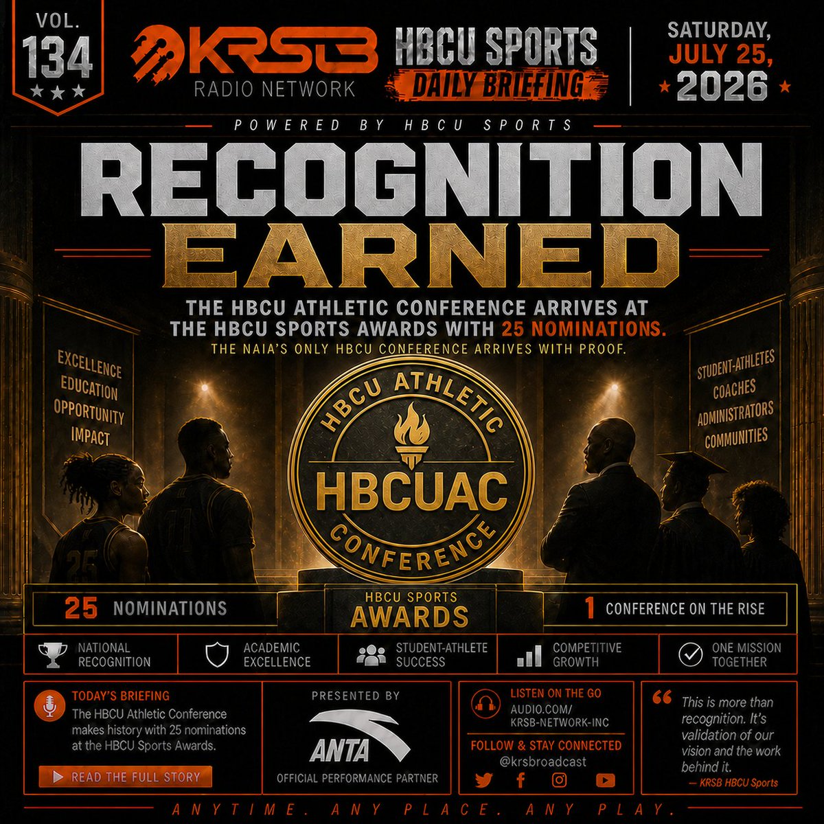 KRSBroadcast's tweet photo. Volume 134 of the KRSB HBCU Sports Daily Briefing is officially LIVE!

They do not play football. They operate outside the NCAA footprint. For years, they were treated as the forgotten conference.

Yet quietly, efficiently, and relentlessly, the HBCU Athletic Conference built the largest HBCU athletic conference in the entire nation! 🏆✨
This weekend, Dr. Kiki Baker Barnes and the HBCUAC arrive at the 3rd Annual HBCU Sports Awards carrying 25 nominations across 11 member schools. They didn't need a Saturday afternoon TV football contract to command national respect. Through baseball, basketball, volleyball, track, and elite administrative leadership, the HBCUAC proved that non-NCAA athletics is a powerhouse in its own right.

📍 THE NUMBERS THAT TELL THE STORY:
🏆 25 Total National Nominations 
🏆 11 Member Institutions Recognized 
🏆 Soon to be the largest HBCU league in America (with Jarvis Christian joining)

🎧 Listen to today's briefing audio on the deck.
https://t.co/4yobffEyKR

📝 Read the full Volume 134 briefing at https://t.co/K6Xd7gyxfV.

#KRSBNetwork #HBCUAC #HBCUSports #DrKikiBakerBarnes #NonNCAA #HBCU #YourStoriesOurVoice #Volume134 #ANTA #RecognitionEarned