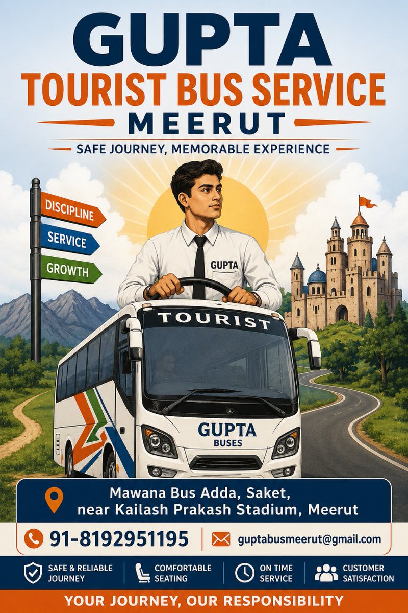 GuptaBusMeerut's tweet photo. 🚌 Looking for reliable bus booking in Meerut?

Choose Gupta Tourist Bus Service for:

✔ Safe Journey
✔ Comfortable Seating
✔ On-Time Service
✔ Tourist &amp; Group Travel

Your Journey. Our Responsibility.
#Meerut #BusService #TravelIndia #TouristBus #BusBooking #RoadTrip https://t.co/o3f6UJ6pqc