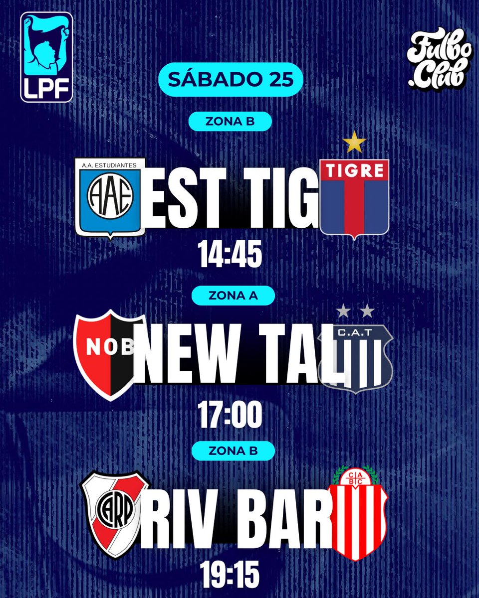 FulboClubOK's tweet photo. SÁBADO 25/7 - FECHA 1 🗓️

ZONA 🅱️

Estudiantes RC 🆚 Tigre
🏟️ Antonio Candini, Rio Cuarto
⏰ 14:45 hs
⚖️ Brian Ferreyra

ZONA 🅰️

Newell’s Old Boys 🆚 Talleres
🏟️ Coloso Marcelo Bielsa, Rosario
⏰ 17:00 hs
⚖️ Jorge Baliño

ZONA 🅱️ 

River Plate 🆚 Barracas Central
🏟️ Monumental, Buenos Aires
⏰ 19:15 hs
⚖️ Nazareno Arasa

ZONA 🅰️

Lanús 🆚 San Lorenzo
🏟️ Néstor Díaz Pérez, Buenos Aires
⏰ 21:30 hs
⚖️ Leandro Rey Hilfer
