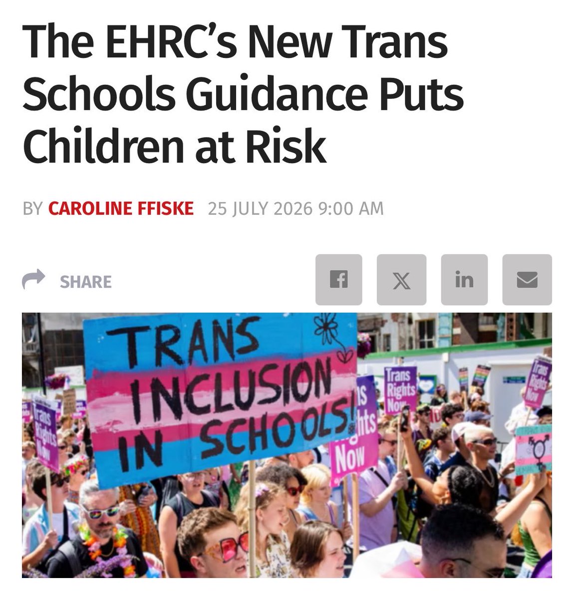 genspect's tweet photo. “The obvious approach to safeguarding children is a simple rule – no social transition in schools.”

Yet the EHRC’s draft guidance moves in the opposite direction, encouraging schools to accommodate social transition. Children deserve safeguarding that grounds them in reality.

Read more at the link in our replies. ⬇️