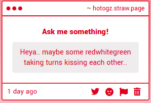Hotogz's tweet photo. You get a kiss! And YOU get a kiss! And YOU!! GET!! A!! KISS!! 
red x green x white teehee
#italy ship #amongusshow https://t.co/UqFrHGuXO2