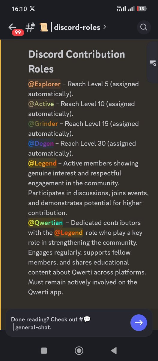 Alusi_EG0's tweet photo. Today,
I am just so happy to achieve one of the high roles in the qwertai discord community (degen role).

It's been one hell of a ride and a rollercoaster.
The roles which includes;

Explorer role which is assigned automatically when one gets to level 5 

Active role at level 10 

Grinder role at level 15 

Degen role which I achieved at level 30.

Special roles also include the legend role given to active participants for their participation in events, and engaging fervently with the community.

Qwertian role: This is the highest  role which is given to dedicated contributors.

Other discord activity roles includes:

Amater which is given to members who attend the ama (ask me anything) session and shows great understanding, ask questions and give meaningful suggestions to aid to the growth of the community 
 
Pokerinho which is for the winners in the poker games

Braniac which is for those who won at least two games 

Server boosters for those who boost the server.

I am dedicated and willing to continue contributing to the growth and stability of the @QwertiAI
Ecosystem.

Cheers 🥂.