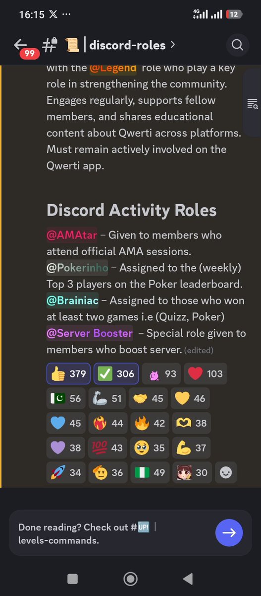 Alusi_EG0's tweet photo. Today,
I am just so happy to achieve one of the high roles in the qwertai discord community (degen role).

It's been one hell of a ride and a rollercoaster.
The roles which includes;

Explorer role which is assigned automatically when one gets to level 5 

Active role at level 10 

Grinder role at level 15 

Degen role which I achieved at level 30.

Special roles also include the legend role given to active participants for their participation in events, and engaging fervently with the community.

Qwertian role: This is the highest  role which is given to dedicated contributors.

Other discord activity roles includes:

Amater which is given to members who attend the ama (ask me anything) session and shows great understanding, ask questions and give meaningful suggestions to aid to the growth of the community 
 
Pokerinho which is for the winners in the poker games

Braniac which is for those who won at least two games 

Server boosters for those who boost the server.

I am dedicated and willing to continue contributing to the growth and stability of the @QwertiAI
Ecosystem.

Cheers 🥂.