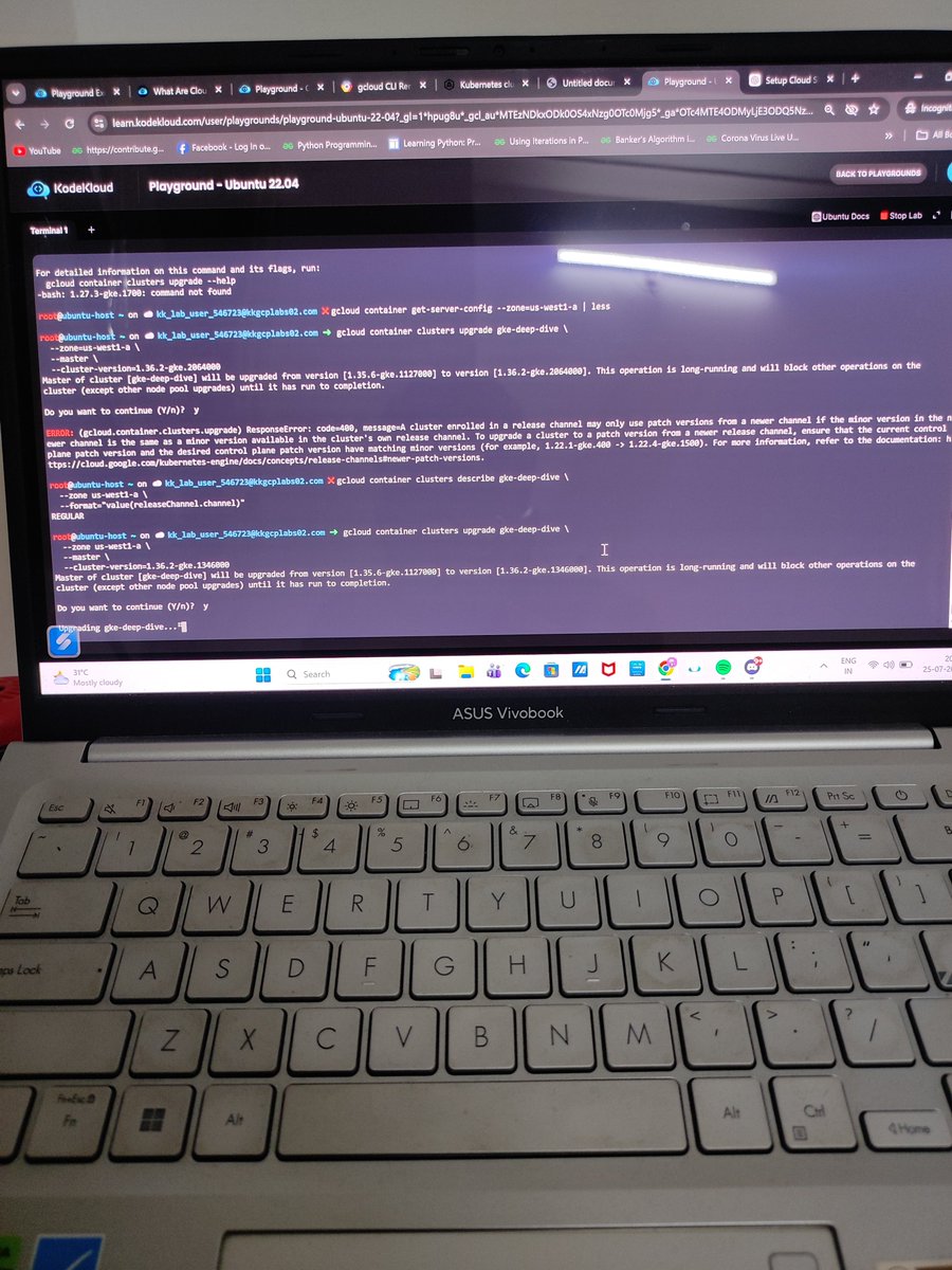 codersbyte's tweet photo. Upgrade GKE control plane node(master node) 
Setup my on gcloud cli on KodeKloud Ubuntu machine playground 
- installed kubectl
- Created cluster
- apply/remove labels
- enable autoscaling
- removed autoscaling 
- monitoring 
That's progress in my GKE learning 
Next network-gke https://t.co/GA5f88aao8
