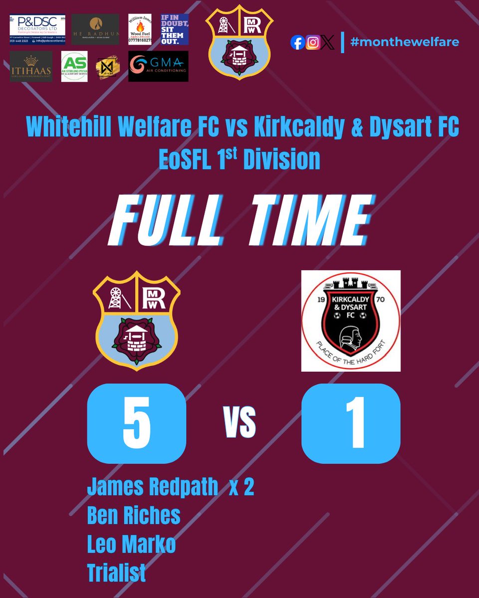 WhitehilWelfare's tweet photo. 𝗪𝗛𝗔𝗧. 𝗔. 𝗦𝗧𝗔𝗥𝗧. 💙🔥

The new era is up and running in style!

A dominant 5-1 victory over Kirkcaldy &amp; Dysart as the Welfare made a real statement on the opening day at Ferguson Park. 👊

⚽⚽ James Redpath
⚽ Leo Marko
⚽ Ben Riches
⚽ Trialist
1/3 https://t.co/XrjhfvzsvZ