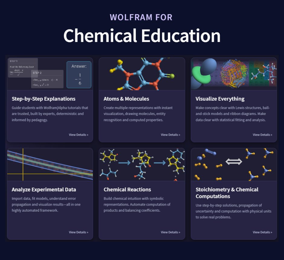 WolframResearch's tweet photo. Chemical intuition augmented with computational power.
Wolfram's tools for chemical education make abstract concepts visual, interactive and explorable.
https://t.co/oXVgUO9J4r https://t.co/CjxgfAardE