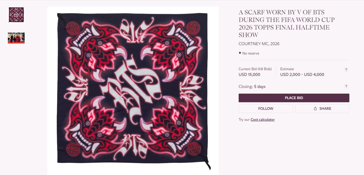 naver_taehyung's tweet photo. Taehyung's FIFA World Cup scarf has surged to USD 15,000 after 48 bids, with 4 days still remaining in the auction. It is now tied with match-worn shirt as the highest-bid BTS item and currently stands as the second-highest bid across the entire auction, trailing only the official FIFA World Cup Final match ball at USD 16,000.

Originally estimated at just USD 2,000–4,000, the scarf has already sold for nearly four to eight times its expected value the HIGHEST multiplier out of all the lots, underscoring the exceptional demand for memorabilia from Taehyung's historic FIFA World Cup Final halftime show appearance.

Bid here: (https://t.co/2sxSXjDDL7)

*Proceeds from the sale will support the FIFA Global Citizen Education Fund, a $100 million initiative to expand access to quality education and football for children worldwide, supporting grassroots organizations and inclusive learning programs.