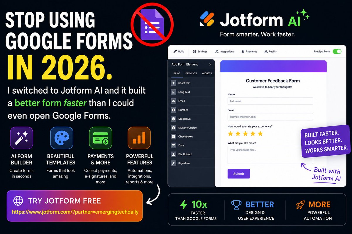 abhinandps's tweet photo. Stop using Google Forms in 2026.

I switched Jotform AI and it built a better form faster than I could even open Google Forms.

Here’s the link (free): https://t.co/omSQVTDQyT https://t.co/Pnr85nG84D