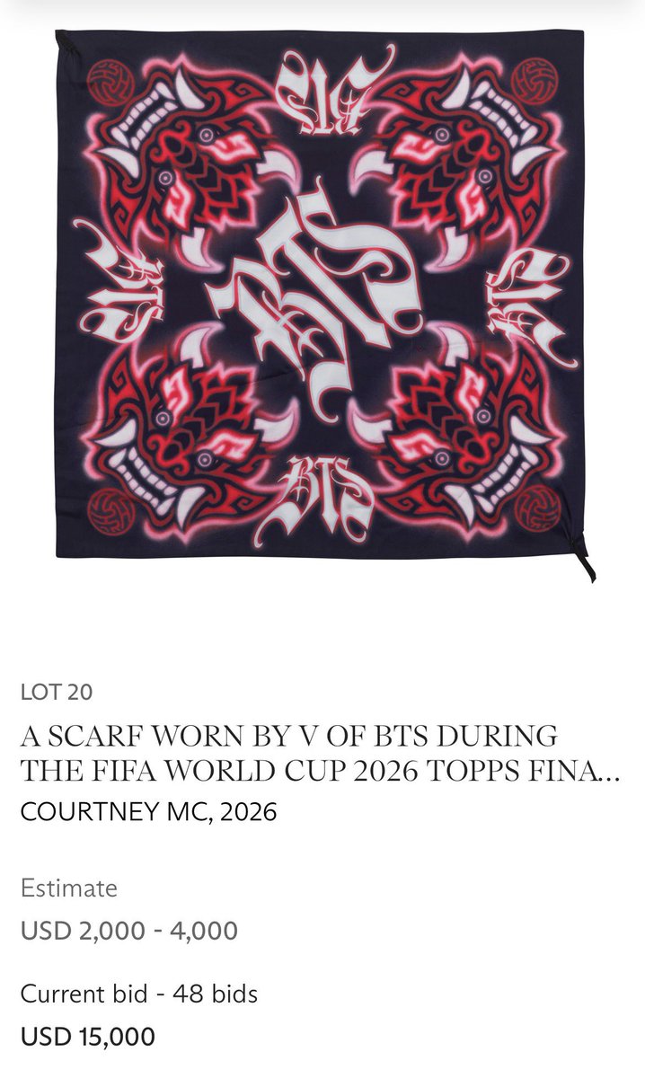 layovermoods's tweet photo. taehyung’s FIFA World Cup 2026 scarf auction has reached $15,000 bid with total of 48 bids so far, it also tied as the second highest bid so far❤️‍🔥🔥 https://t.co/AtHxtL7hF6