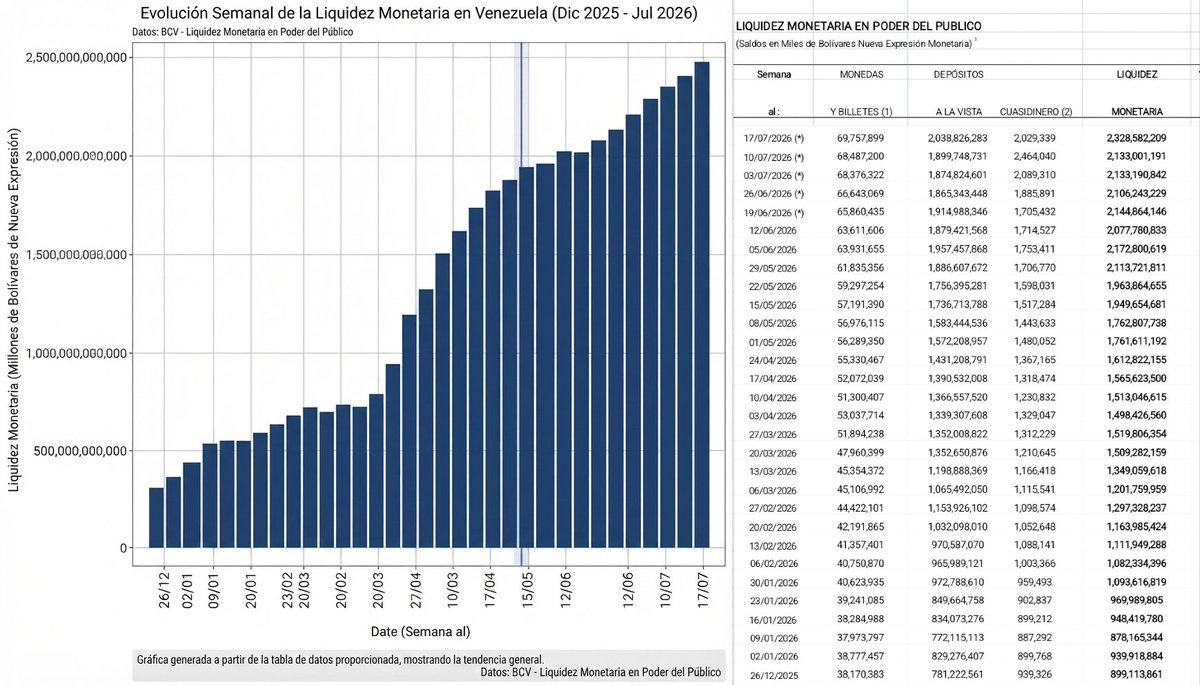 HeverCastroB's tweet photo. El BCV le prendió el turbo nuevamente a la liquidez monetaria, Venezuela terminó el año 2025 con una liquidez de 0.9 billones de Bs, y hasta la última actualización del BCV el 17 de julio de 2026 ya estaba en 2.33 billones de Bs. Un incremento de 159% en apenas siete meses y medio. Solamente en esa última semana de julio reportada aumentó 9.17%.

Los reto a que busquen algún otro país en la tierra que nos supere en el aumento de la masa monetaria en este mismo periodo.
