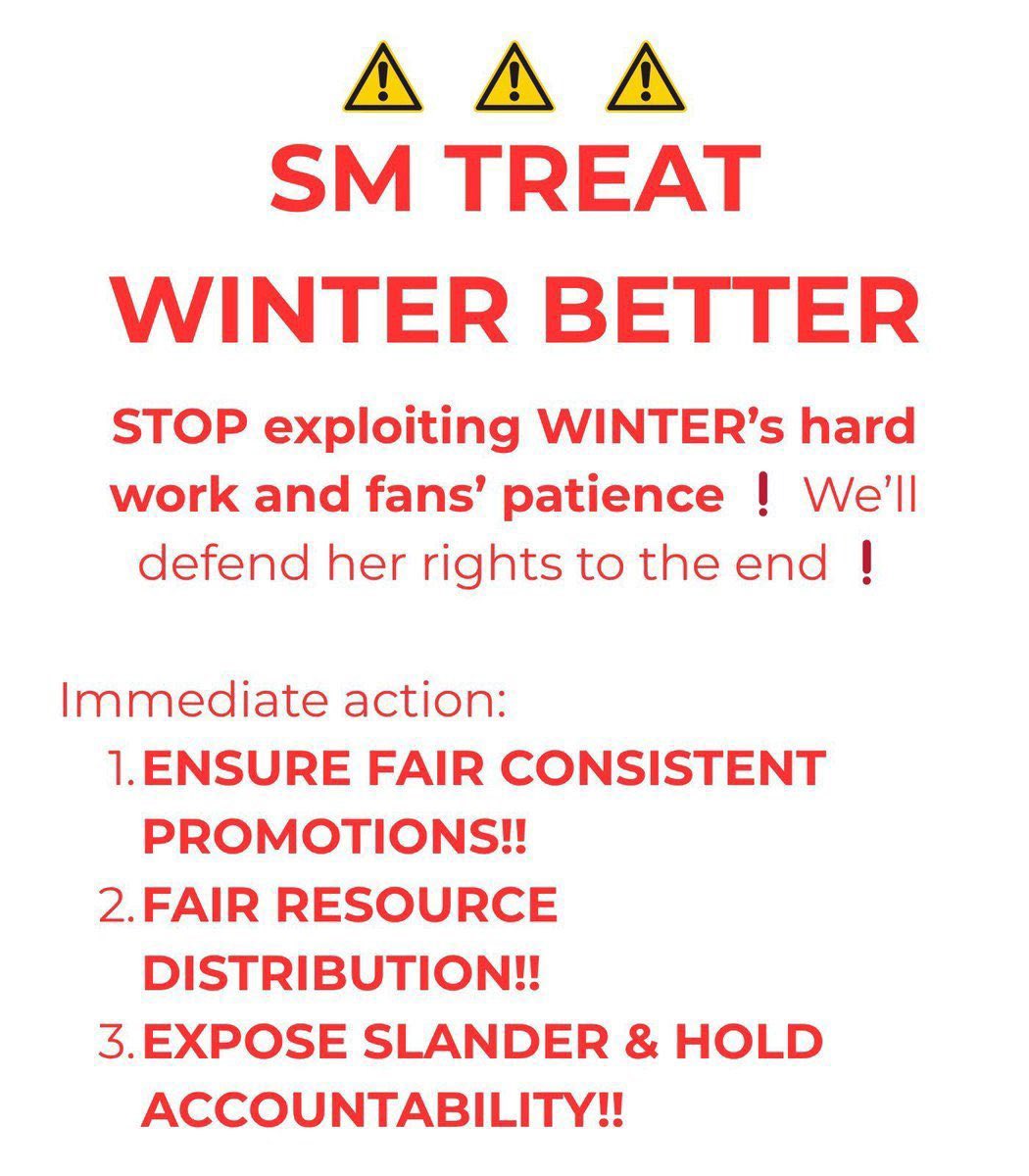 winterminalvn's tweet photo. Stop exploiting WINTER’s hard work and fans’ patience❗We’ll defend her rights to the end❗

Immediate action:
1️⃣Ensure fair consistent promotions!!
2️⃣Fair resource distribution!!
3️⃣Expose slander &amp; hold accountability!!

@SMTOWNGLOBAL 
@aespa_official 
#SM_Treat_WINTER_Better https://t.co/vqonXctPcY