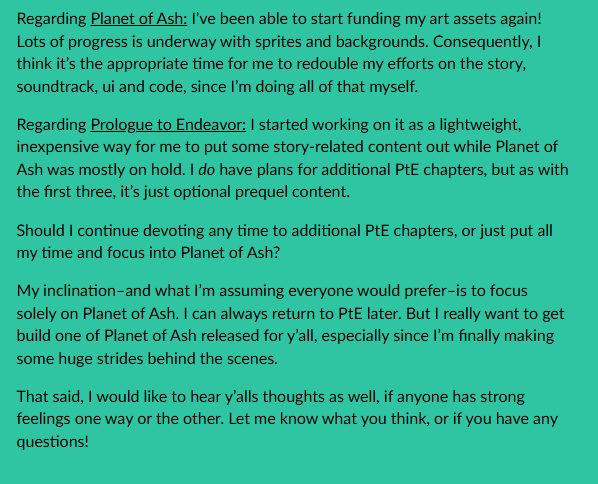PlanetOfAsh's tweet photo. Progress updates for Planet of Ash and Prologue to Endeavor, + opinions wanted, read below!! https://t.co/pvywWPG8C4