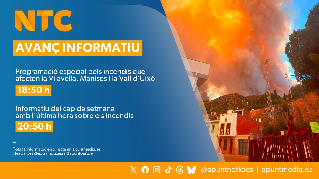 apunt_media's tweet photo. ⚠️📺 AVANÇ INFORMATIU esta vesprada a les 18:50 h.

🔥 À Punt informa de l'última hora dels incendis que afecten la Vilavella, #IFManises i #IFVallDuixo.

🔴 I a les 20:50 h, l'informatiu del cap de setmana amb totes les notícies en detall. https://t.co/tfEMkS2uzX