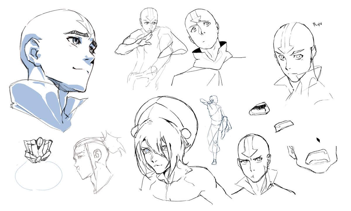 DannyAraya's tweet photo. Avatar Aang is out! Go watch! These are some sketches and studies I did while on it as I was trying to get the hang of the style. A lot of it referencing Kihyun Ryu's work. https://t.co/6IyazQn5cw