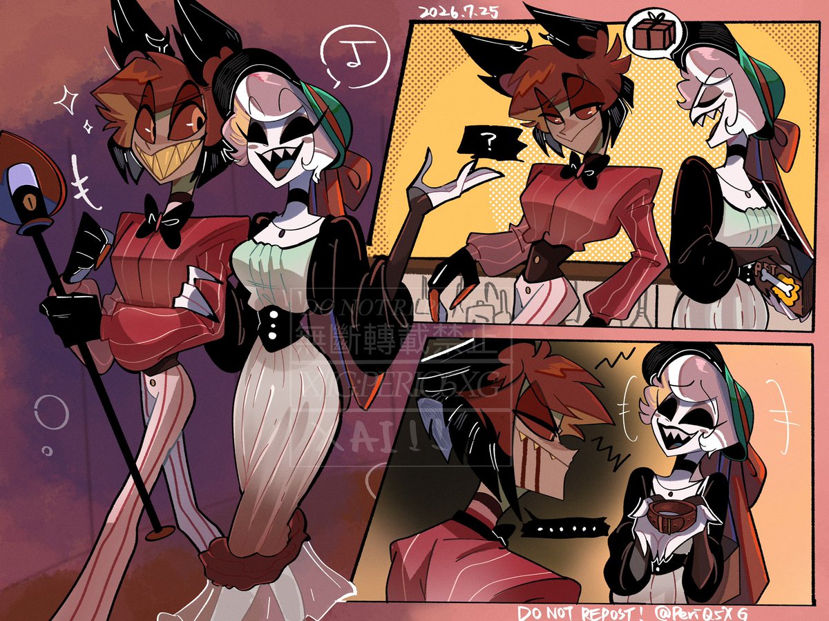 PeriQ5XG's tweet photo. “Day off”  🛍️ 
To celebrate Al broke the deal, Rosie bought a gift to him lol
#radiorose #HazbinHotel #HazbinHotelAlastor #HazbinHotelRosie https://t.co/R9SklGLSYA