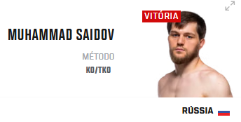 arenadabolaofc's tweet photo. Vitória por nocaute! 🛑🇷🇺
Muhammad Saidov vence Dustin Jacoby por nocaute (KO/TKO)!
Grande triunfo do atleta russo para impor seu ritmo e garantir o resultado com autoridade na luta. 💥🔥
#UFC #MMA #MuhammadSaidov #DustinJacoby #CardPreliminar https://t.co/ommXJkLFAr
