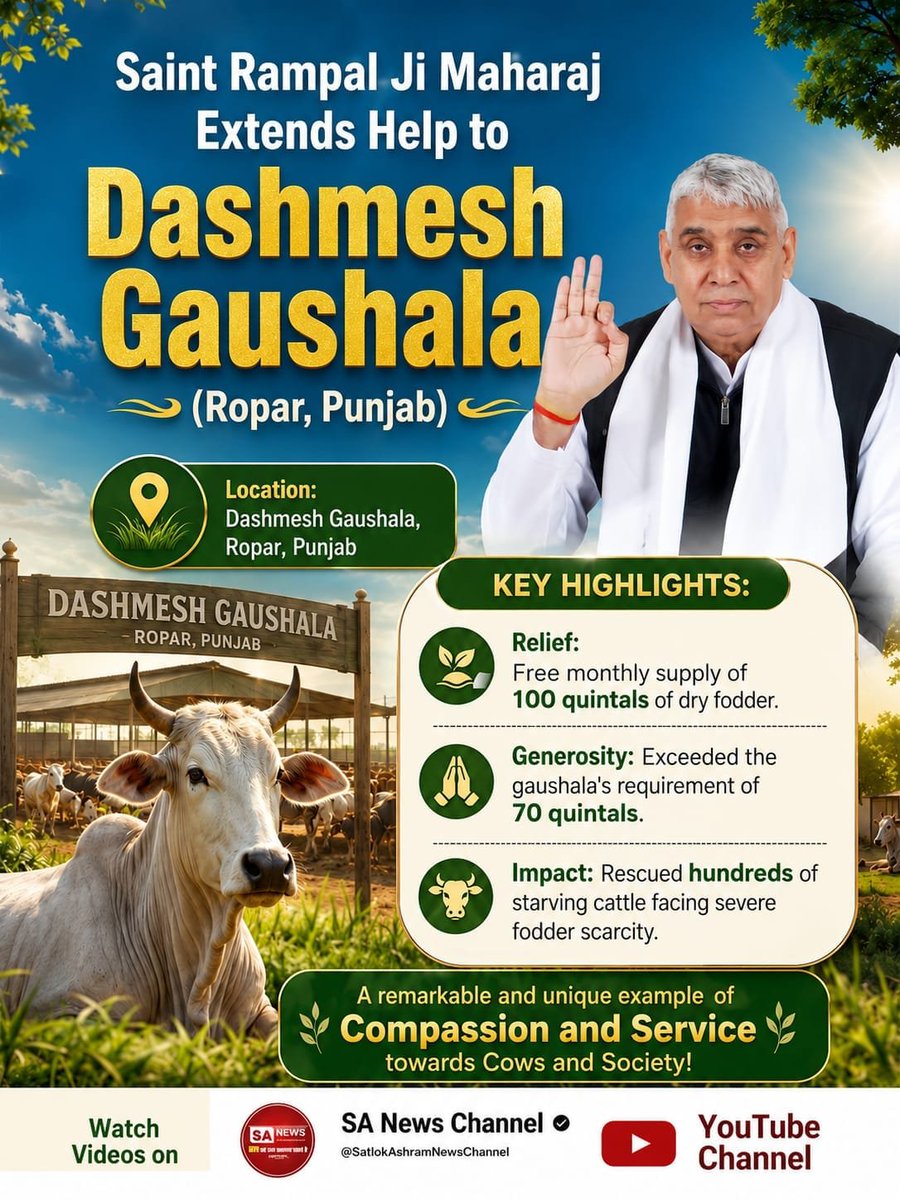 Elohim_Kabir's tweet photo. Every act of kindness creates lasting change. Through the #गौ_सुरक्षा_अभियान, Sant Rampal Ji Maharaj is helping gaushalas with free monthly fodder, quality shelters, water management, and essential infrastructure, ensuring a safer future for countless cattle. https://t.co/VHu3Fy3itd