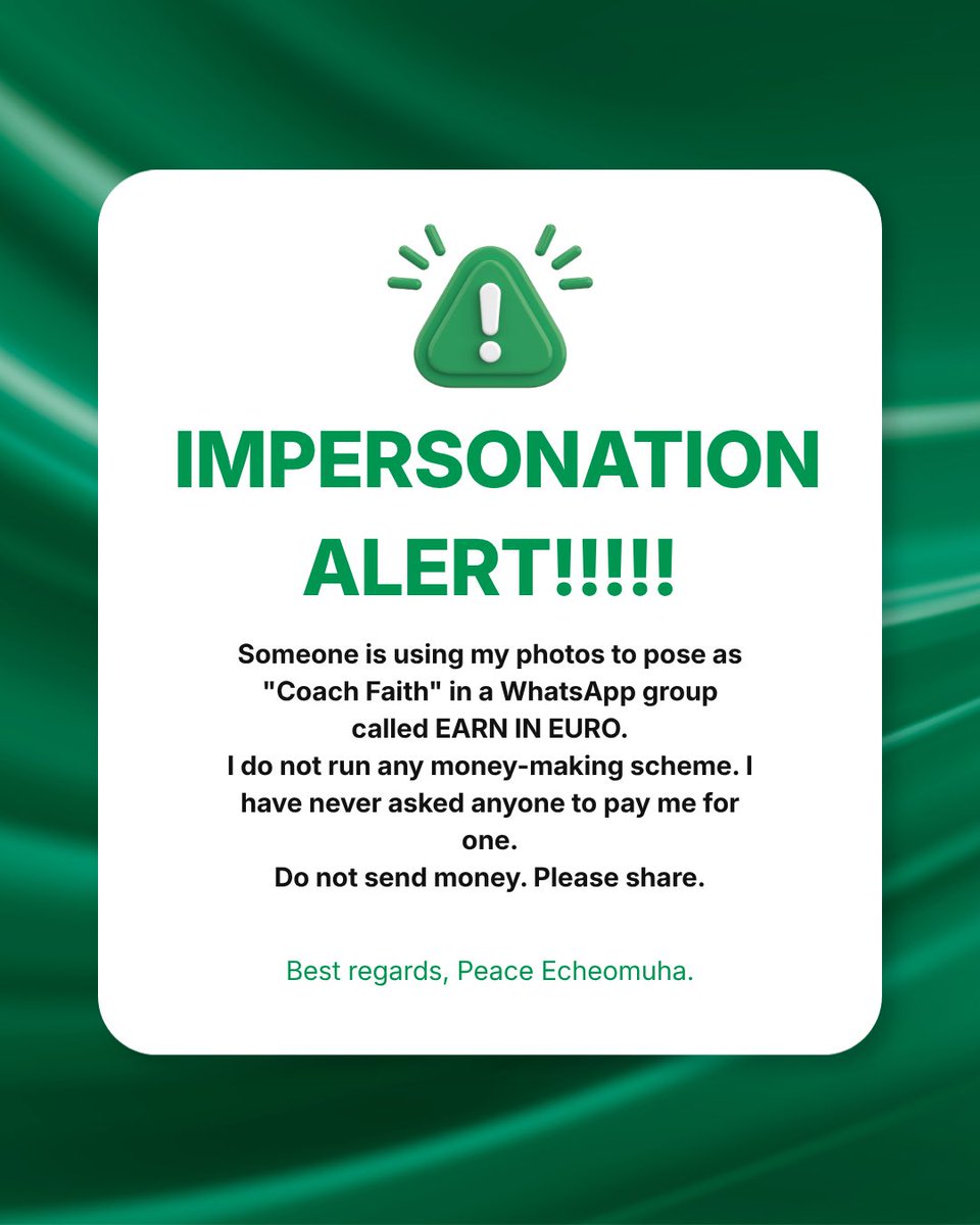 Peaceful_Peace_'s tweet photo. A PUBLIC NOTICE ABOUT AN IMPERSONATION SCAM USING MY IDENTITY
It was brought to my attention today that someone has taken my photographs and content from my page and is using them to run a WhatsApp group called "Earn in Euro," where they present themselves as "Coach Faith," https://t.co/KzIKpOxgDQ