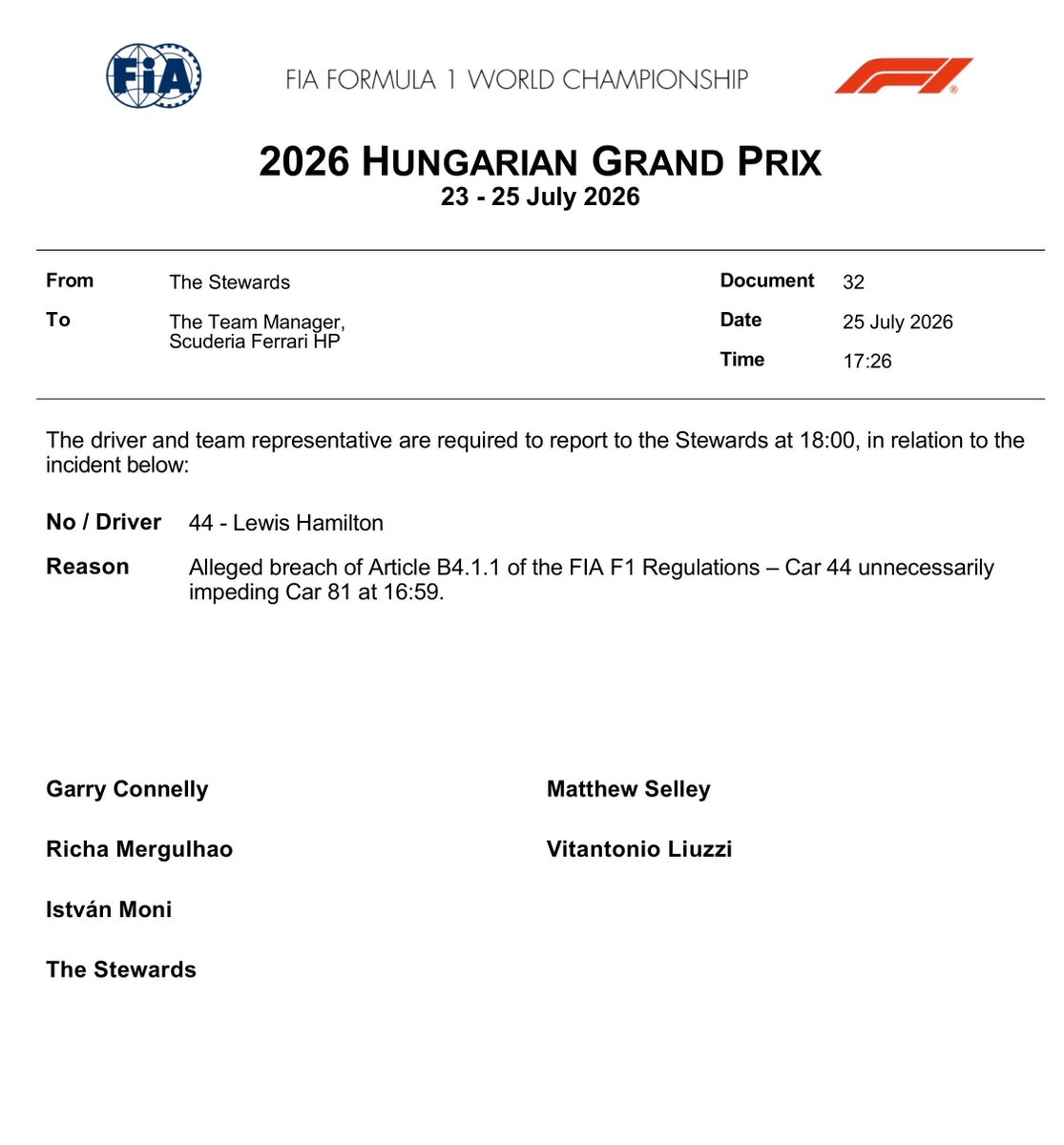 thrtysvnth's tweet photo. 🚨| Lewis Hamilton summoned for alleged impeding. https://t.co/xcSOM1hnDO