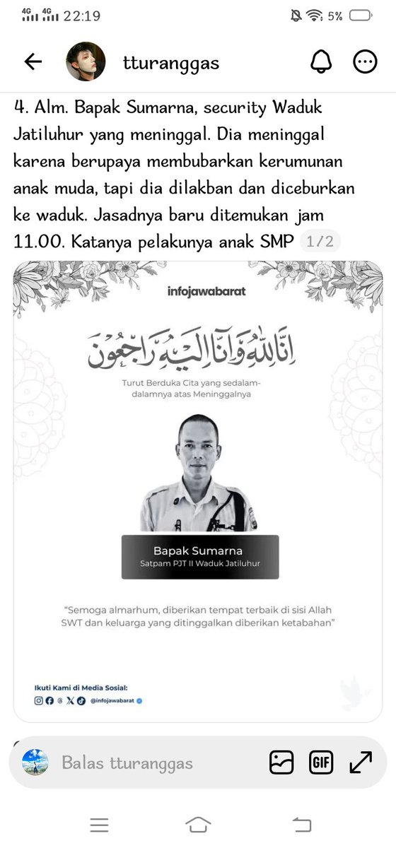 Novit_aa's tweet photo. Kasus menyayat hati 🥀

Satpam Ditemukan Tewas dengan Tangan Terborgol dan Mulut Dilakban di Tanggul Hayat Jatiluhur, Diduga Sempat Tegur Pelaku Vandalisme. Berdasarkan informasi yang beredar dan keterangan dari warga serta rekan-rekan korban, peristiwa ini diduga bermula ketika korban menegur sekelompok remaja berseragam sekolah yang diduga melakukan aksi vandalisme atau corat-coret di sekitar fasilitas publik.