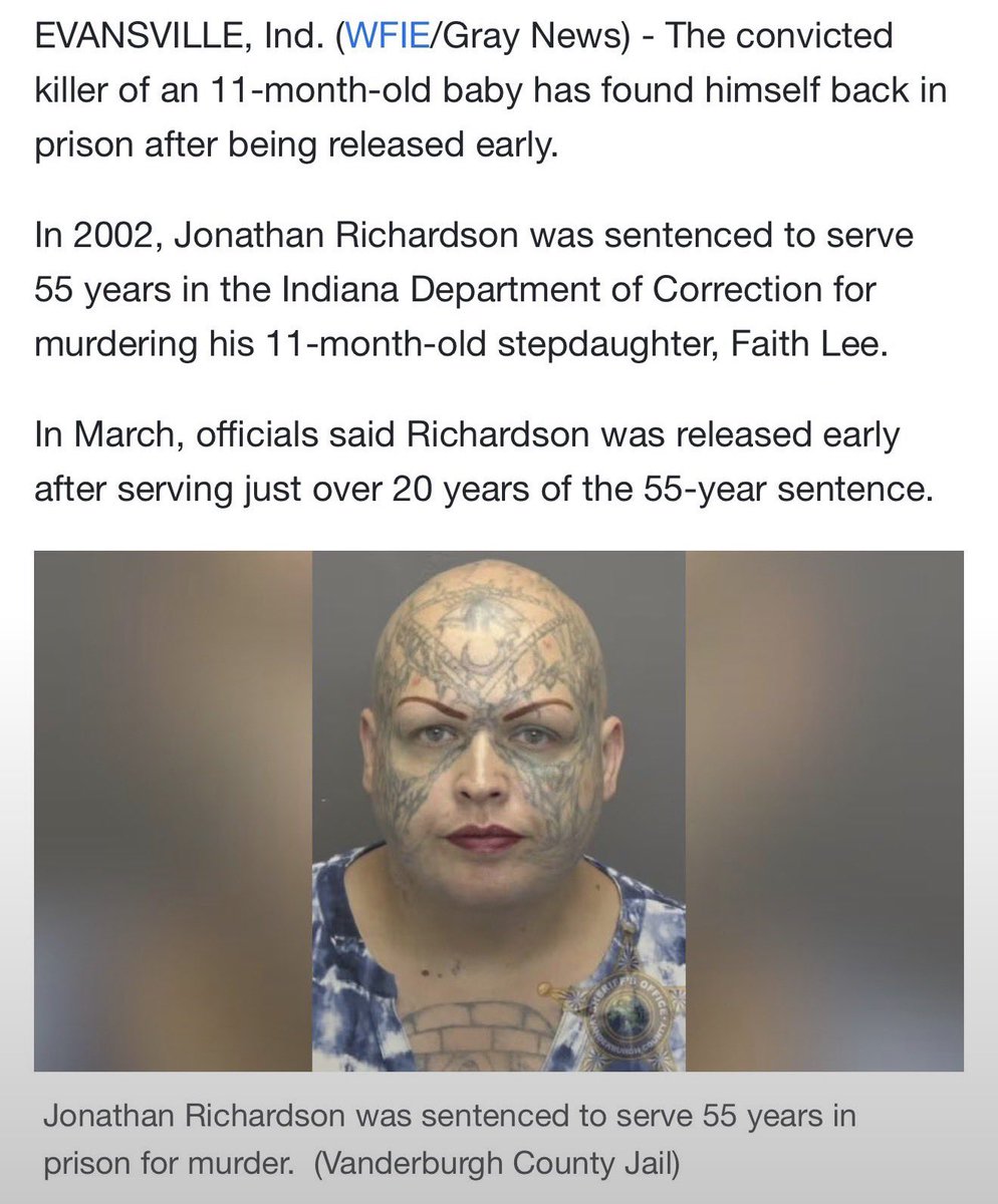 GuntherEagleman's tweet photo. 🚨 JUST IN: The man who murdered an 11-month-old baby is BACK behind bars.
Jonathan Richardson strangled his 11-month-old stepdaughter, Faith Lee, to death in 2001. He got 55 years.

They let him out after only 20.

Months later… parole violation. Booked again. Back in custody. Earliest release now 2041.

This is what soft-on-crime policy looks like in real life. An infant is dead. A convicted killer walks free early. The community finds out after the fact. Then he proves exactly why he never should have been released.

Justice isn’t supposed to be this optional.

Lock them up. Keep them up.