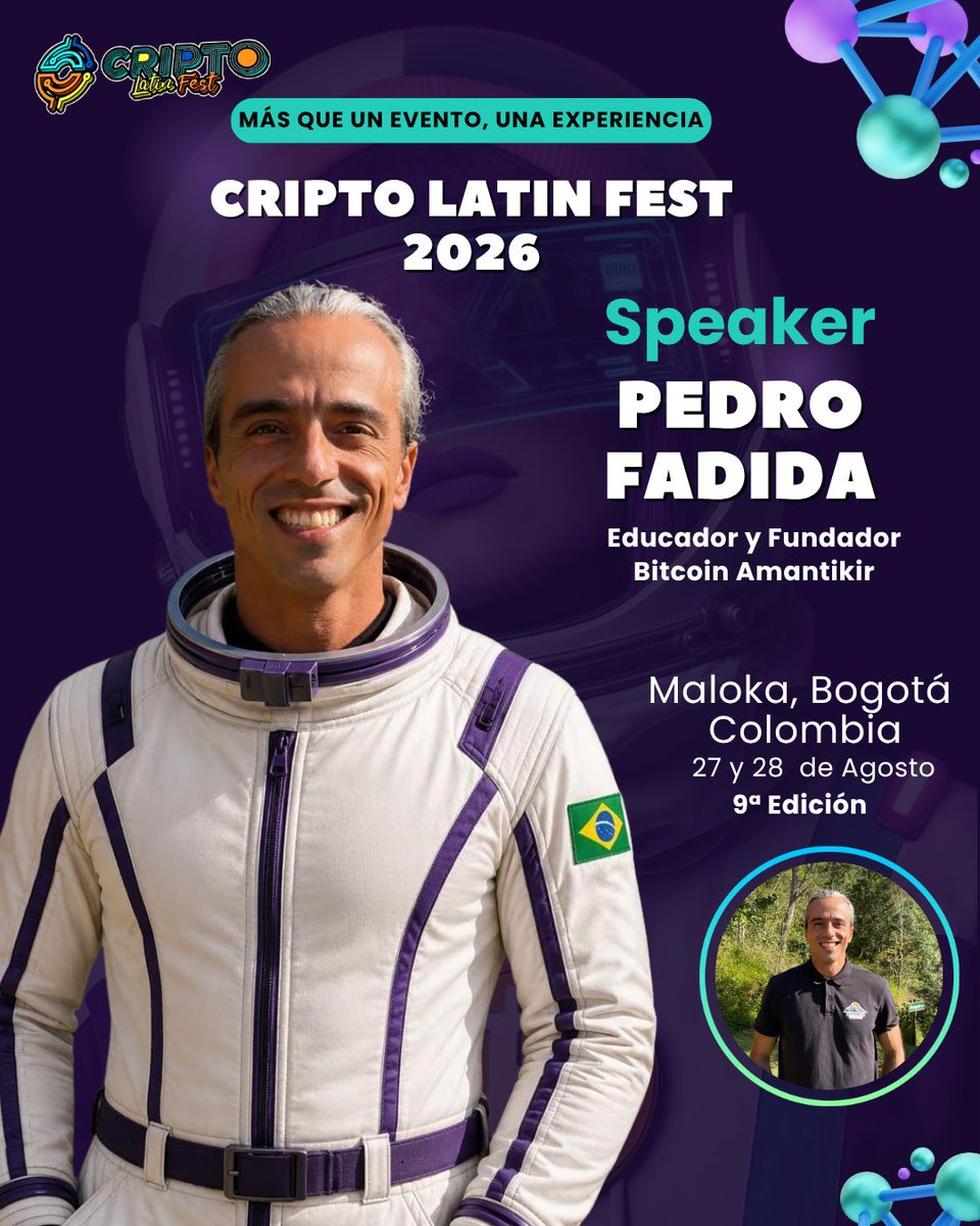 Criptolatinfest's tweet photo. P 🎤🚀 ¡La educación Bitcoin sigue cruzando fronteras y llega a la novena edición de Cripto Latin Fest!

Nos emociona anunciar a Pedro Fadida, educador y fundador de Bitcoin Amantikir, como uno de nuestros speakers. 💜🪐

Con una destacada trayectoria impulsando la educación sobre Bitcoin en Brasil, Pedro compartirá su experiencia promoviendo la adopción, la descentralización y el impacto que esta tecnología está generando en miles de personas alrededor del mundo.

🤝 Y esto es lo mejor: en Cripto Latin Fest no solo podrás verlo en el escenario, también tendrás la oportunidad de conectar personalmente con él, intercambiar ideas, hacer networking y aprender de uno de los educadores que está fortaleciendo la comunidad Bitcoin en Latinoamérica.

💬 Ahora queremos saber de ti: Si tuvieras a Pedro Fadida frente a frente, ¿qué le preguntarías sobre la adopción de Bitcoin, educación o el crecimiento del ecosistema en la región? Escríbelo en los comentarios. 👇

📍 Maloka, Bogotá
🗓️ 27 y 28 de agosto de 2026

🎟️ Asegura tu lugar y vive esta experiencia única de aprendizaje, networking y conexiones con los protagonistas del ecosistema.

👉 Compra tus entradas ahora en: https://t.co/HNwFmMG4v5

✨ Más que un evento, una experiencia. 🚀💜 @bitcoinamantiki