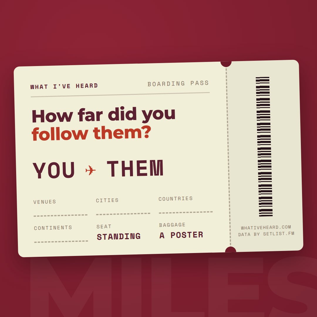 whativeheardcom's tweet photo. The one you bought a train ticket for, slept in a car for, or flew for once and still bring up at parties. 

Your record counts the venues, the cities, the countries and the continents, and inks the map of everywhere you heard them.

Make sure you tag us! 
https://t.co/6MZEnQ8kOL https://t.co/flQmsTYzR7