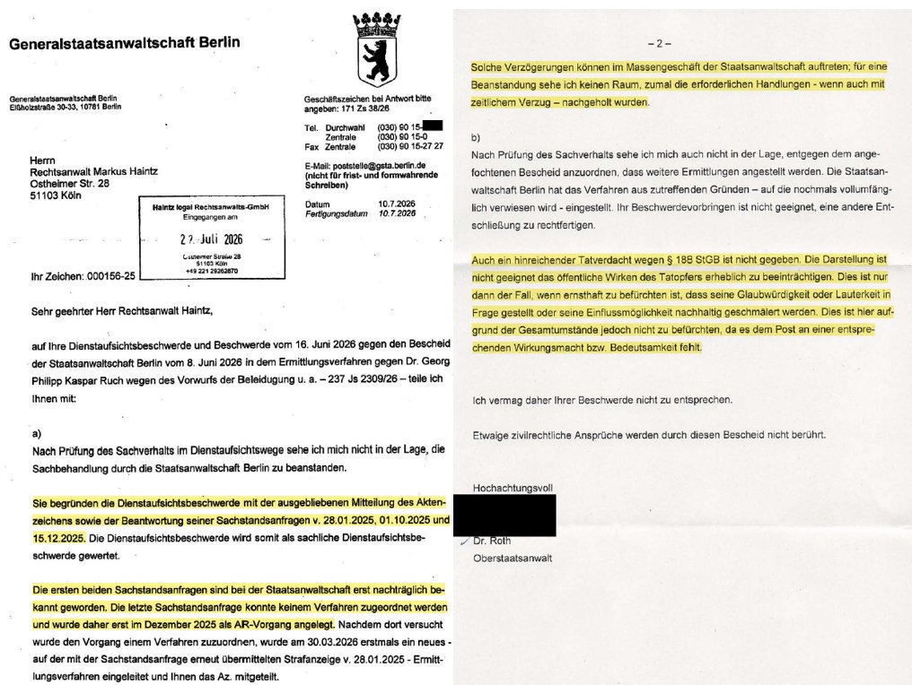 Haintz_MediaLaw's tweet photo. Neues von der Staatsanwaltschaft Berlin, die mit ihrem "Massengeschäft" offenkundig überfordert ist.

Ein Hakenkreuz im Gesicht von Alice Weidel, bei einem Post mit ca. 215.000 Aufrufen, ist nicht dazu geeignet, das öffentliche Wirken Weidels "erheblich zu beeinträchtigen".

Interessanterweise wurde der Post in Deutschland und Österreich von X gesperrt, eben aufgrund des Hakenkreuzes. Im Rest der Welt ist er abrufbar.

Dieselbe und viele andere politisch abhängige Staatsanwaltschaften haben unzählige Bürger wegen "Majestätsbeleidigung" für Machtkritik angeklagt, die eine einstellige, zweistellige oder dreistellige Reichweite auf Social Media erreicht haben.

In einem Rechtsstaat darf es keine politisch abhängigen Staatsanwaltschaften geben.